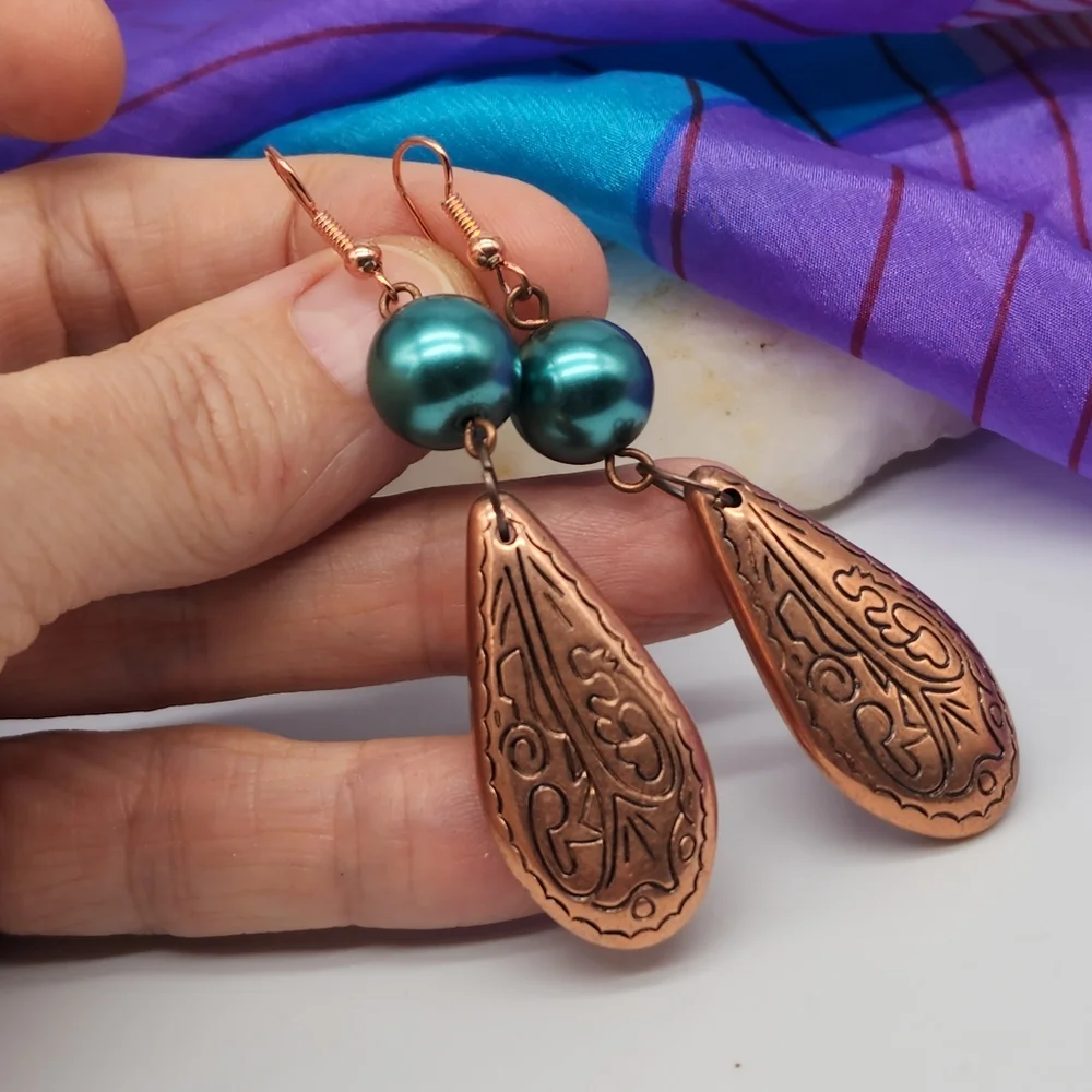 ❤️  Bohemian Jewelry Dangling Teardrops Copper Earrings Faux Pearls
